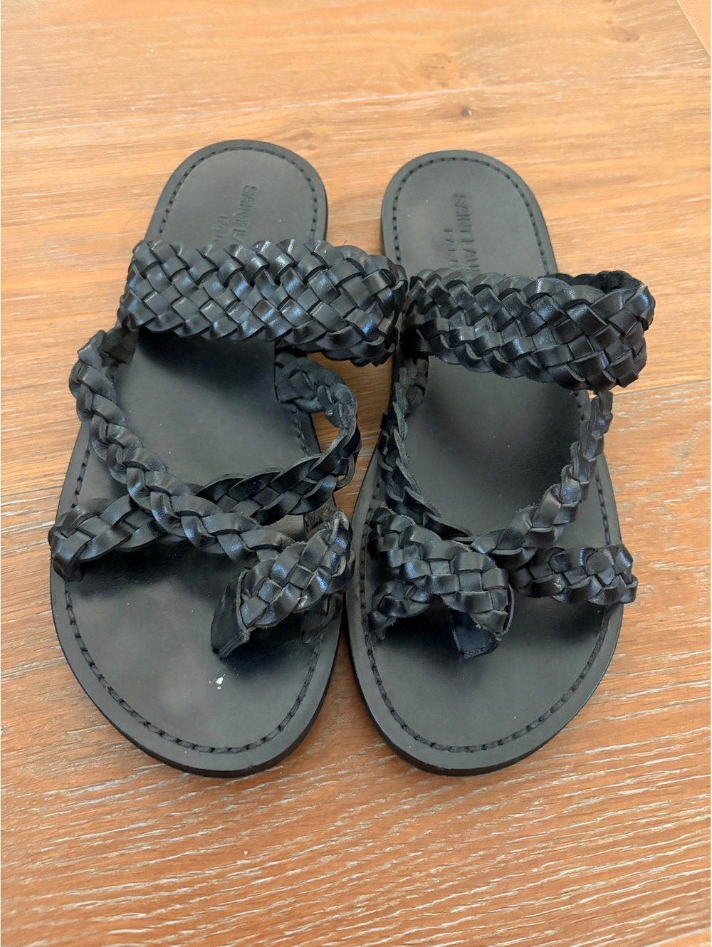 Saint Laurent Black Leather Braided Slide Sandals Parisian Chic Size 8